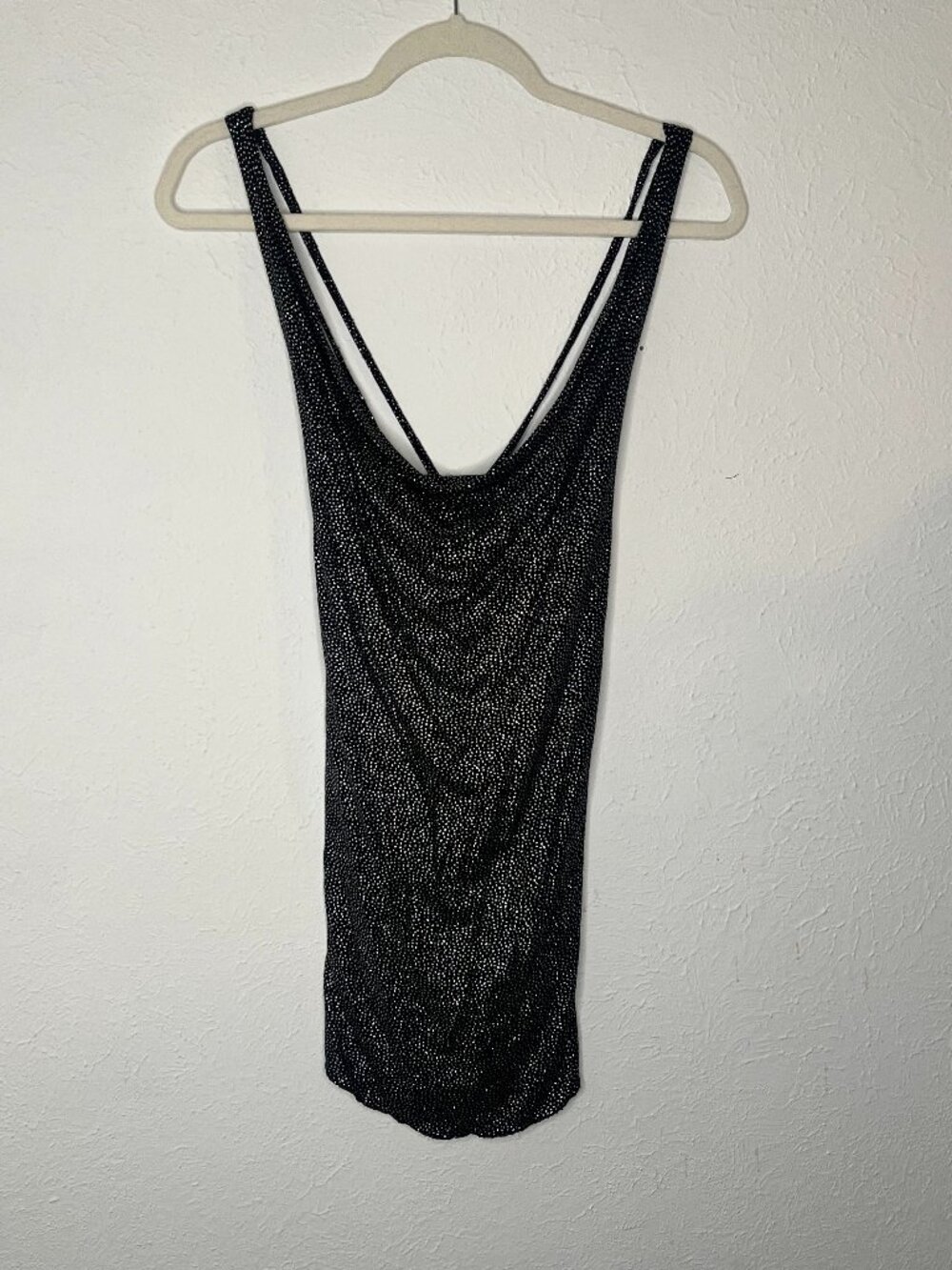 Woman's CHASER Black Glitter Strappy Draped Cowl Neck Black Top Lined Size Small